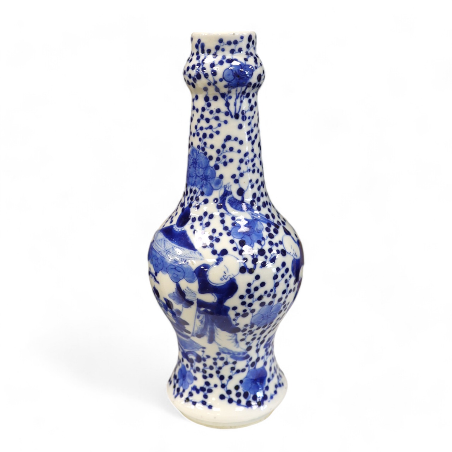 A Chinese blue and white 'boys' bottle vase, Kangxi mark but 19th century, 26cm high. Condition - good